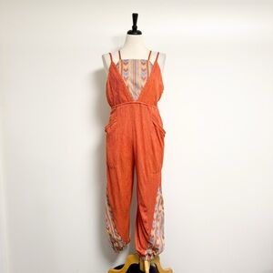 Free People Orange Ribbed Sleeveless Open Back Morning Rise Jumpsuit *FLAWS